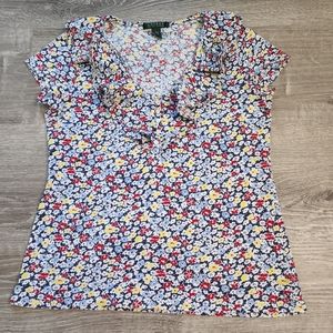 LAUREN By RALPH LAUREN Floral Sleeveless V Neck Ruffle Neck Top